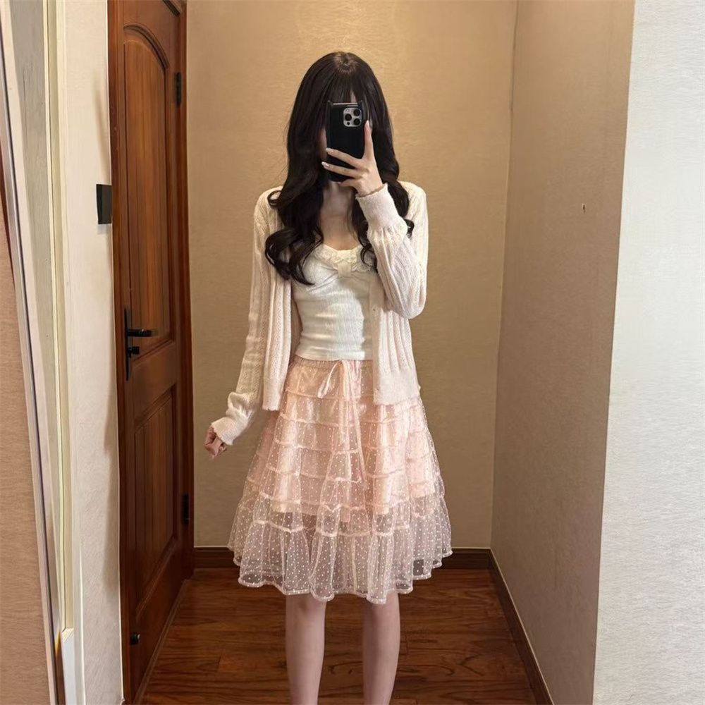 Longline Cardigan Knit - French Style Sweet Lace Trimmed Camisole