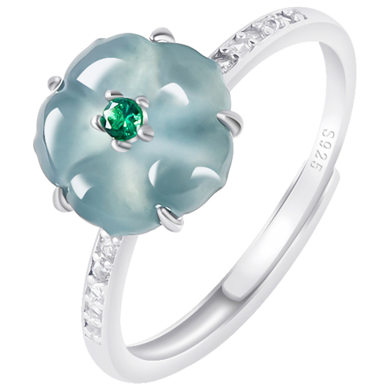 Women'S Fashion Gifts - Blue Burmese Jadeite Flower Rings 925