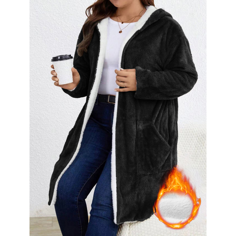 Longline Cardigan Knit - Plus Size Women Fuzzy Fleece Hooded