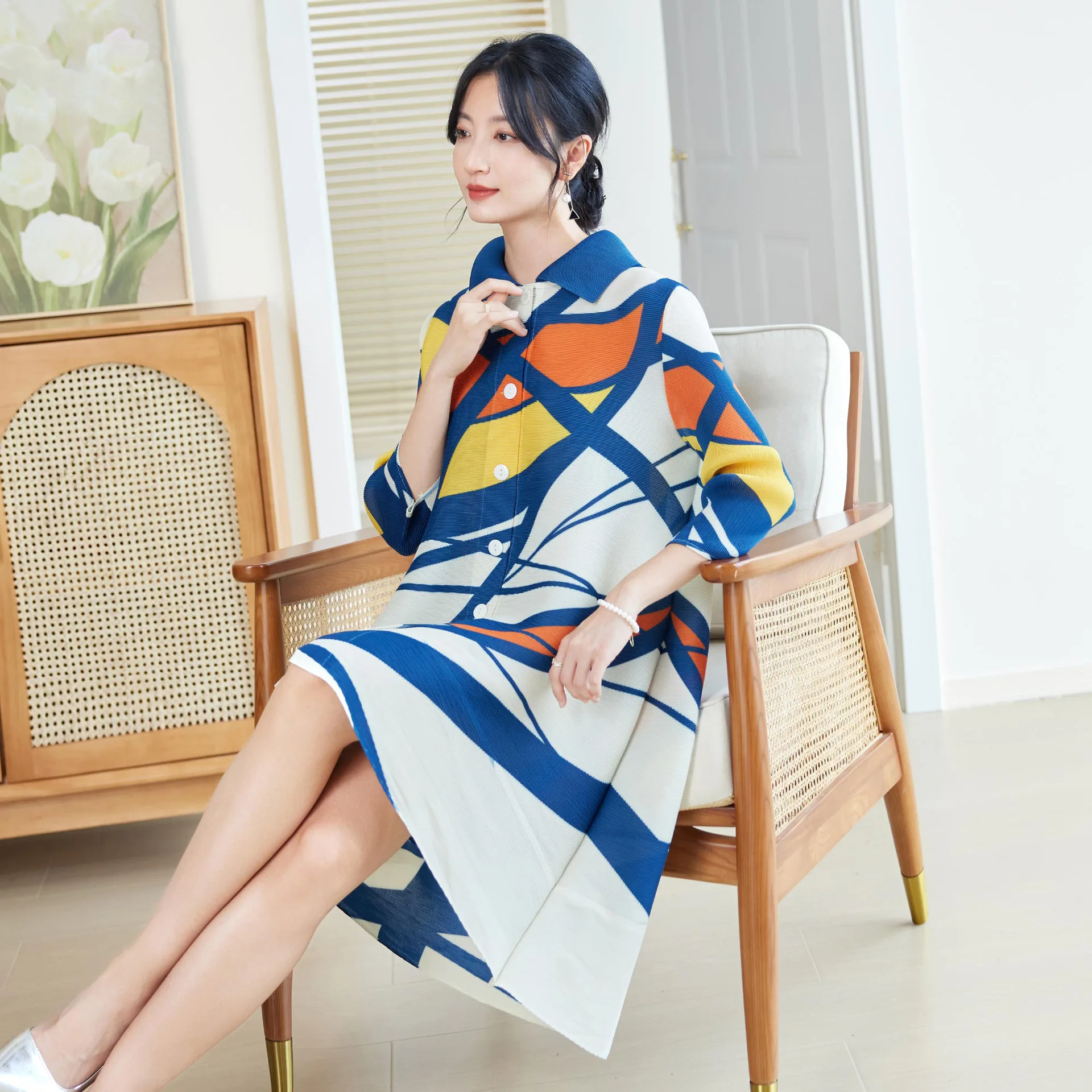 Longline Cardigan Knit - Miyake Style Pleated Dress for Women