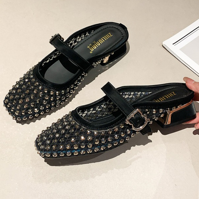 Women'S Fashion Sandals - Mesh Rhinestone Chunky Heel Mules Slippers