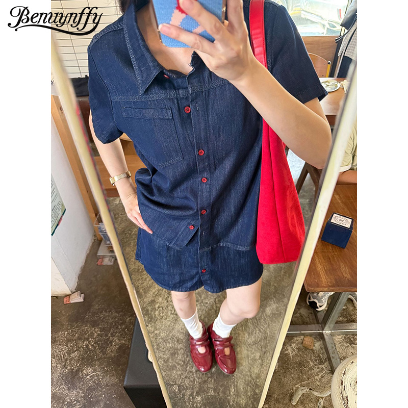Women Fashion Jeans Top - Benuynffy Retro Short Sleeved Denim Shirt