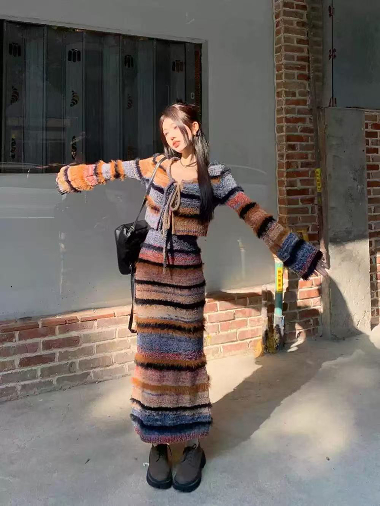 Longline Cardigan Knit - Vintage Striped Knit Cardigan Set Women