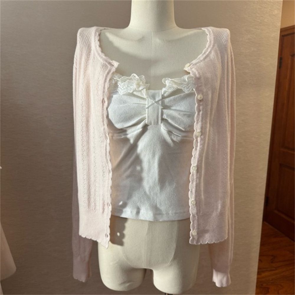 French Style Sweet Lace Trimme - Longline Cardigan Knit ulasan dan harga