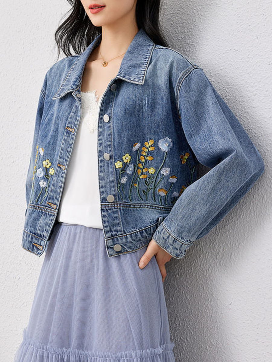 Floral Embroidered Denim Short - Women Fashion Jeans Top ulasan dan harga