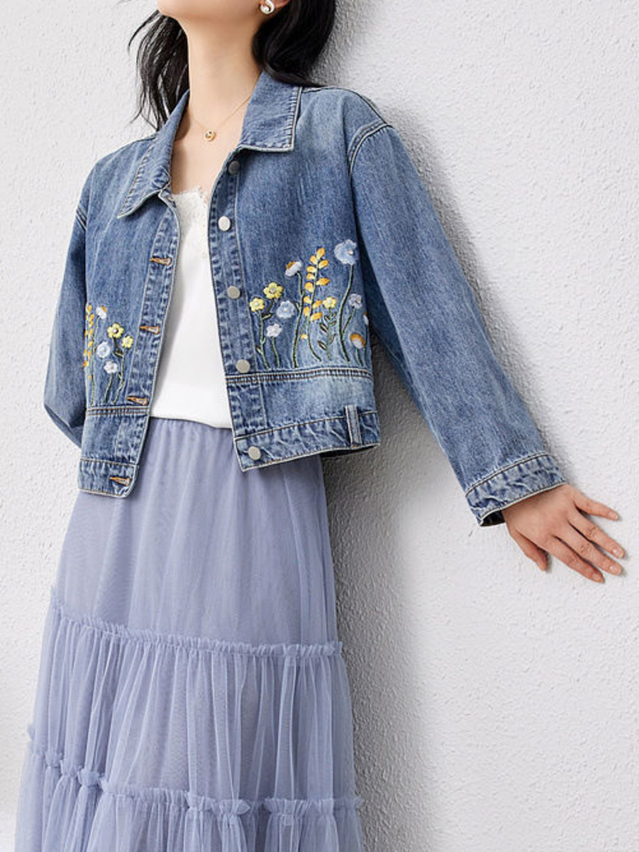 Floral Embroidered Denim Short - Women Fashion Jeans Top ulasan dan harga