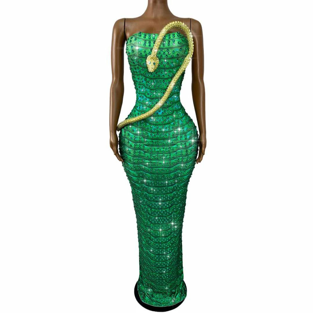 Sparkly Green Rhinestones Snak - Women Fashion Designer Dresses Photos ulasan dan harga