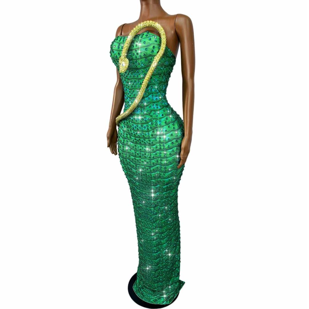 Sparkly Green Rhinestones Snak - Women Fashion Designer Dresses Photos ulasan dan harga