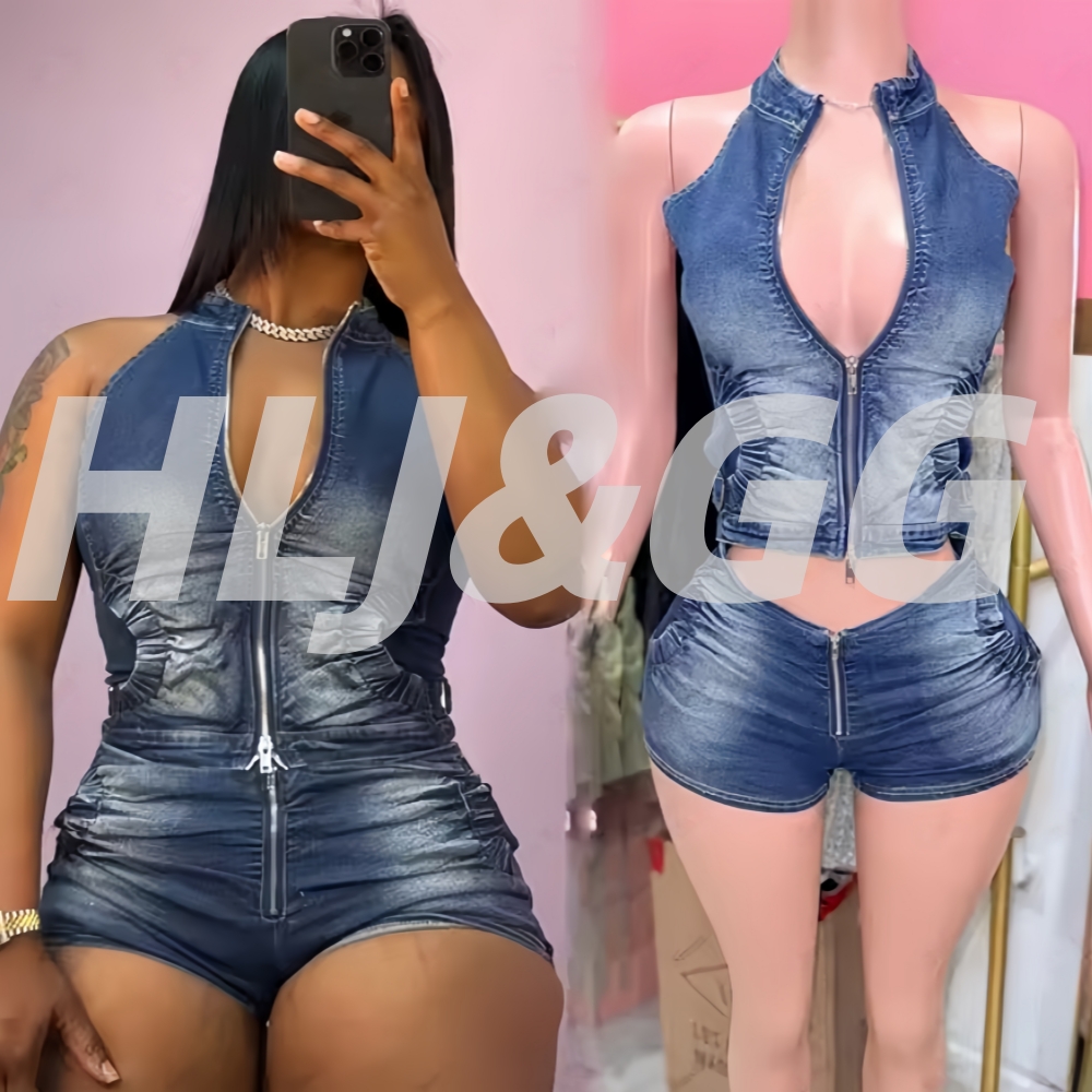 HLJ&GG Blue Fashion Denim Halt - Women Fashion Jeans Top ulasan dan harga