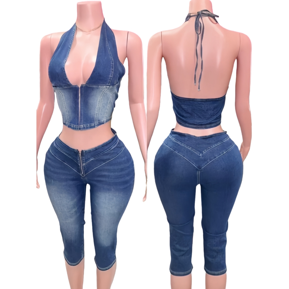 HLJ&GG Blue Fashion Denim Halt - Women Fashion Jeans Top ulasan dan harga