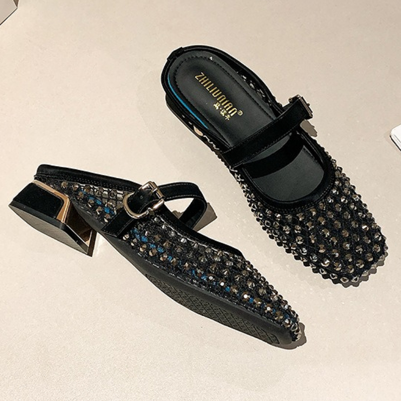 Mesh Rhinestone Chunky Heel Mu - Women'S Fashion Sandals ulasan dan harga