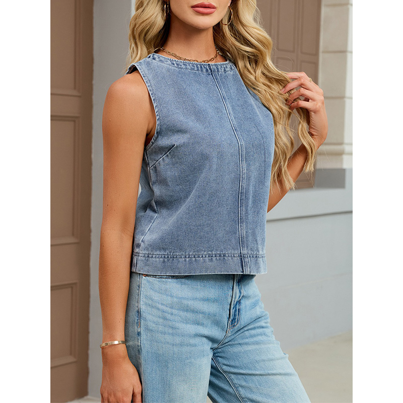 Benuynffy Casual Round Neck De - Women Fashion Jeans Top ulasan dan harga