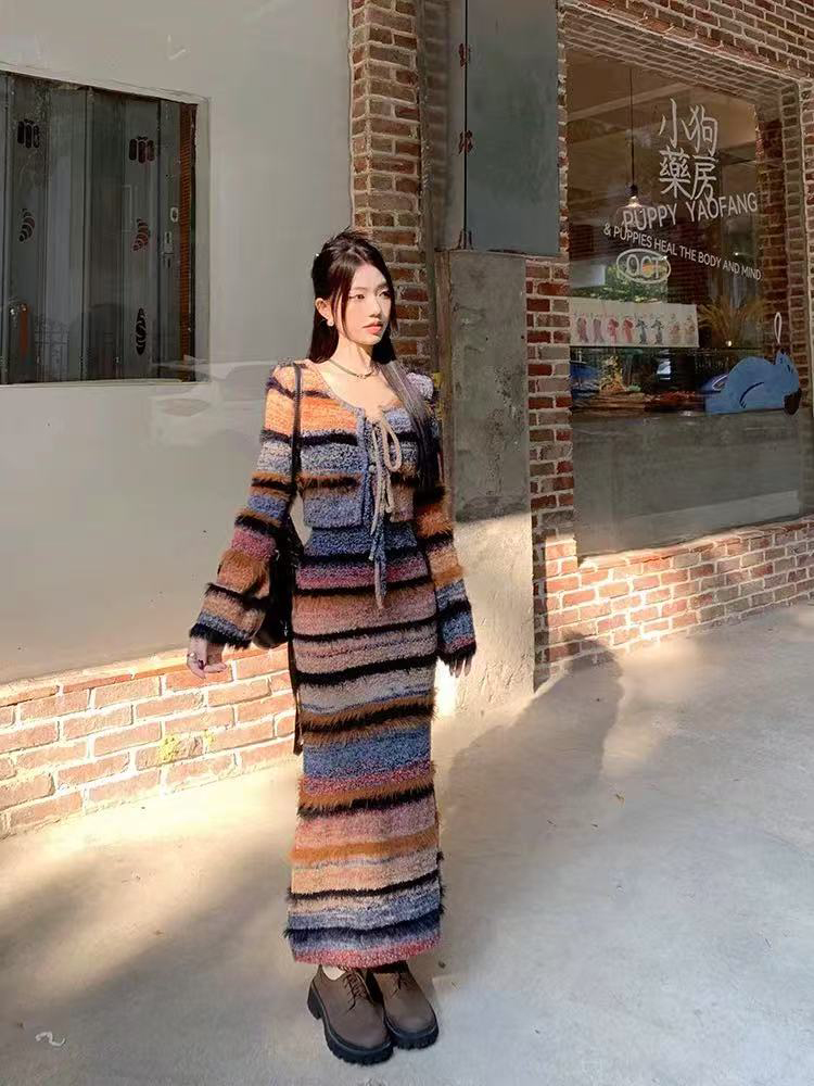Vintage Striped Knit Cardigan  - Longline Cardigan Knit ulasan dan harga